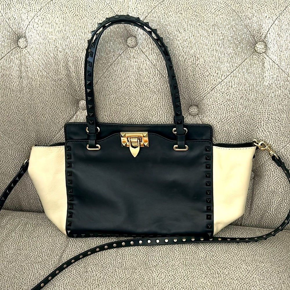 Valentino monochrome, small rock stud tote. Black/ivory leather. Vintage item